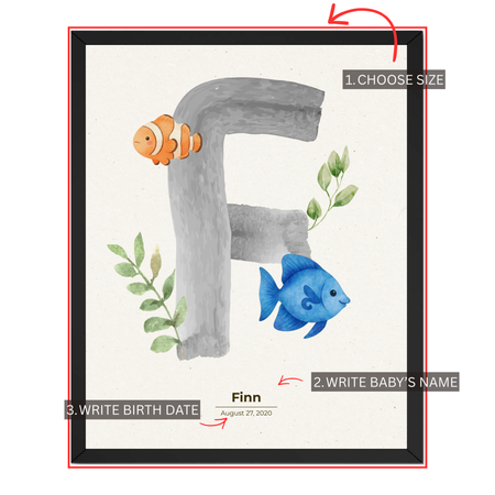 Personalized fish nursery print customization guide showing choose size add baby's name and enter birth date