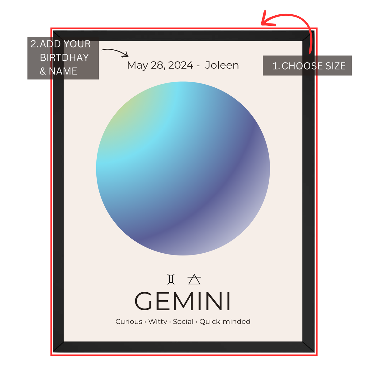 Gemini zodiac print personalization guide showing custom birthday, name and size selection