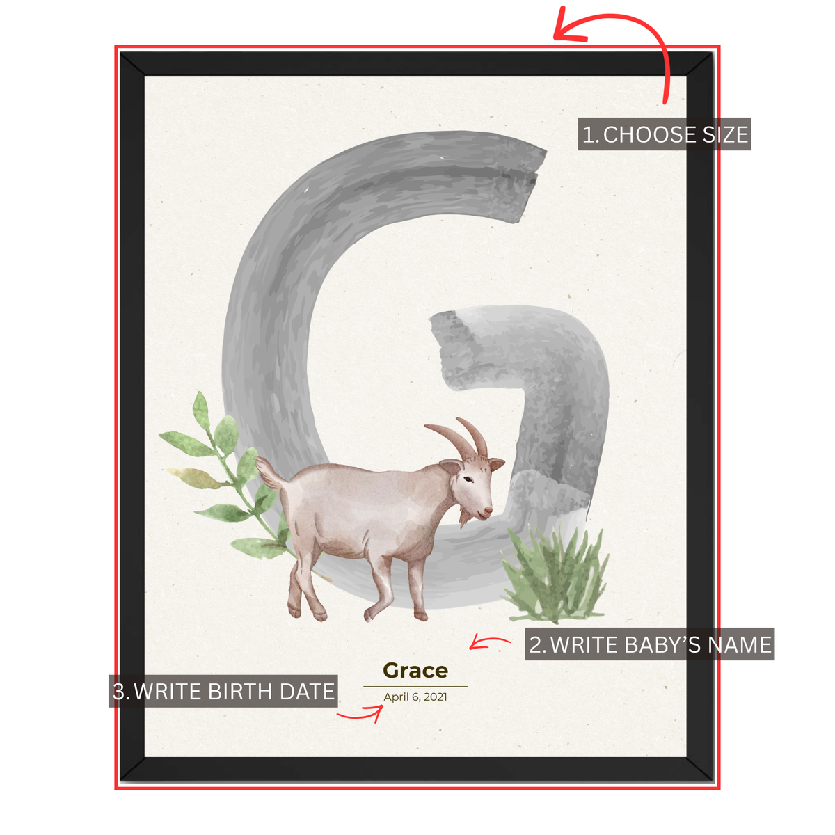 Personalized goat nursery print customization guide showing choose size add baby's name and enter birth date