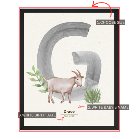 Personalized goat nursery print customization guide showing choose size add baby's name and enter birth date