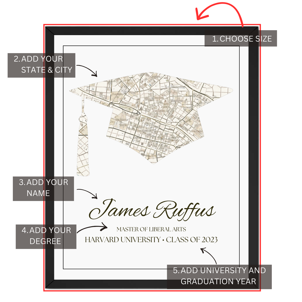 Graduation map personalization guide for state city name degree university graduation year and size