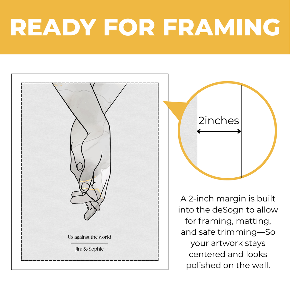 Personalized holding hands couple print showing approximately 2-inch built-in margin for framing and matting