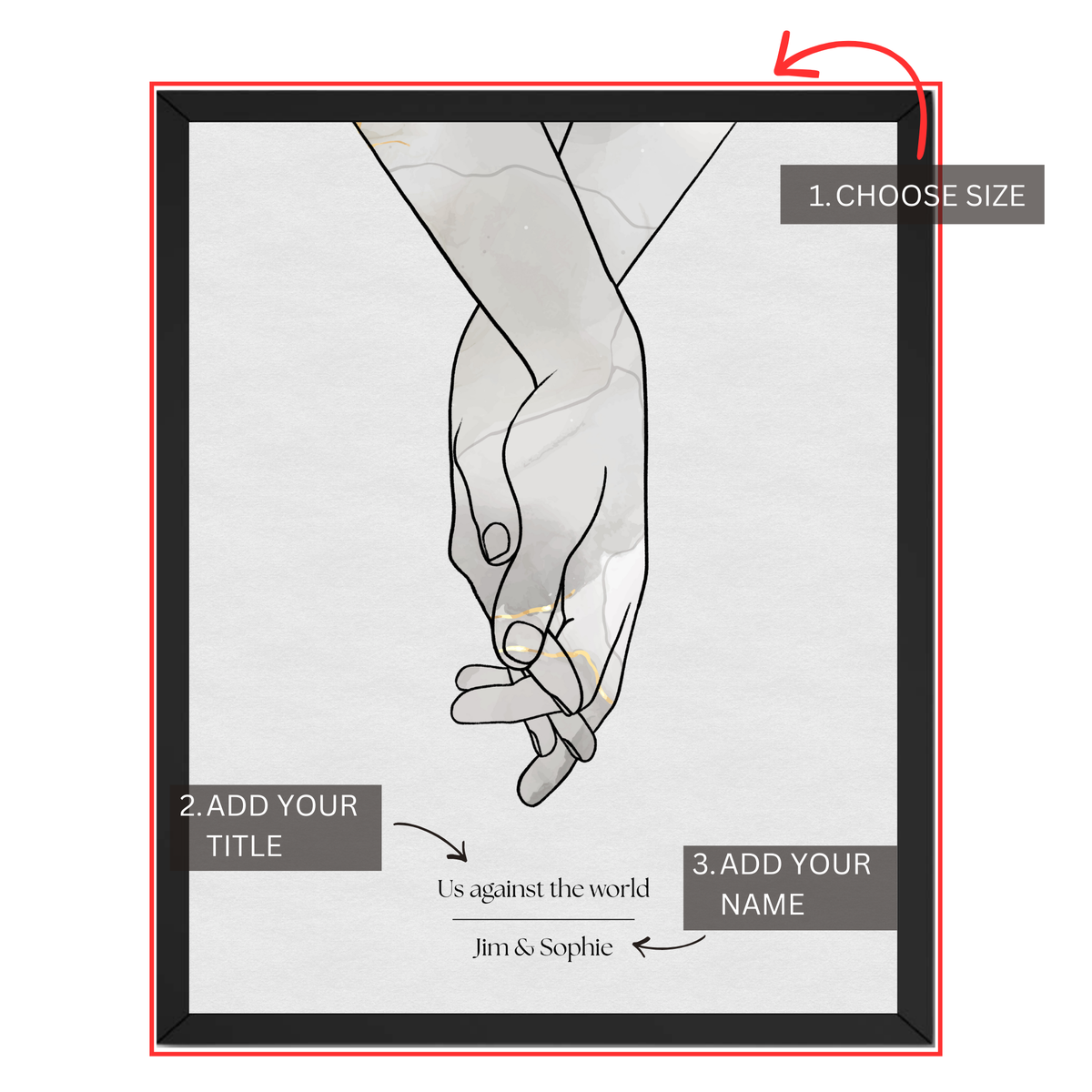 Holding hands couple print personalization guide showing size selection, custom title and couple names