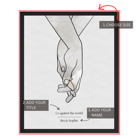 Holding hands couple print personalization guide showing size selection, custom title and couple names