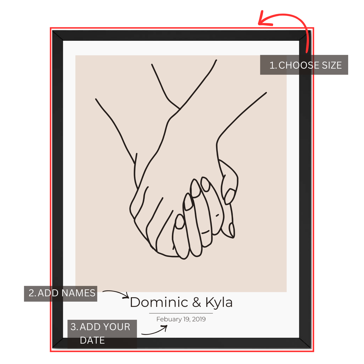 Holding hands print customization guide showing size couple names and date personalization