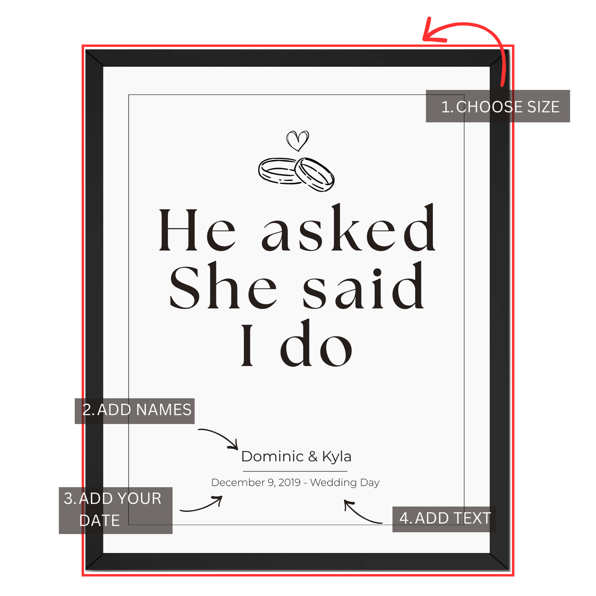 I Do wedding print customization guide showing size names date and custom text options