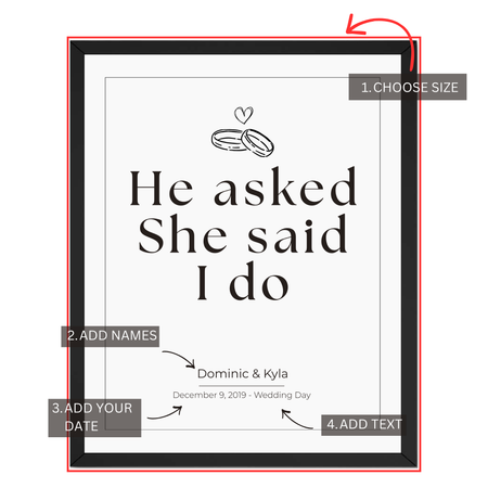 I Do wedding print customization guide showing size names date and custom text options