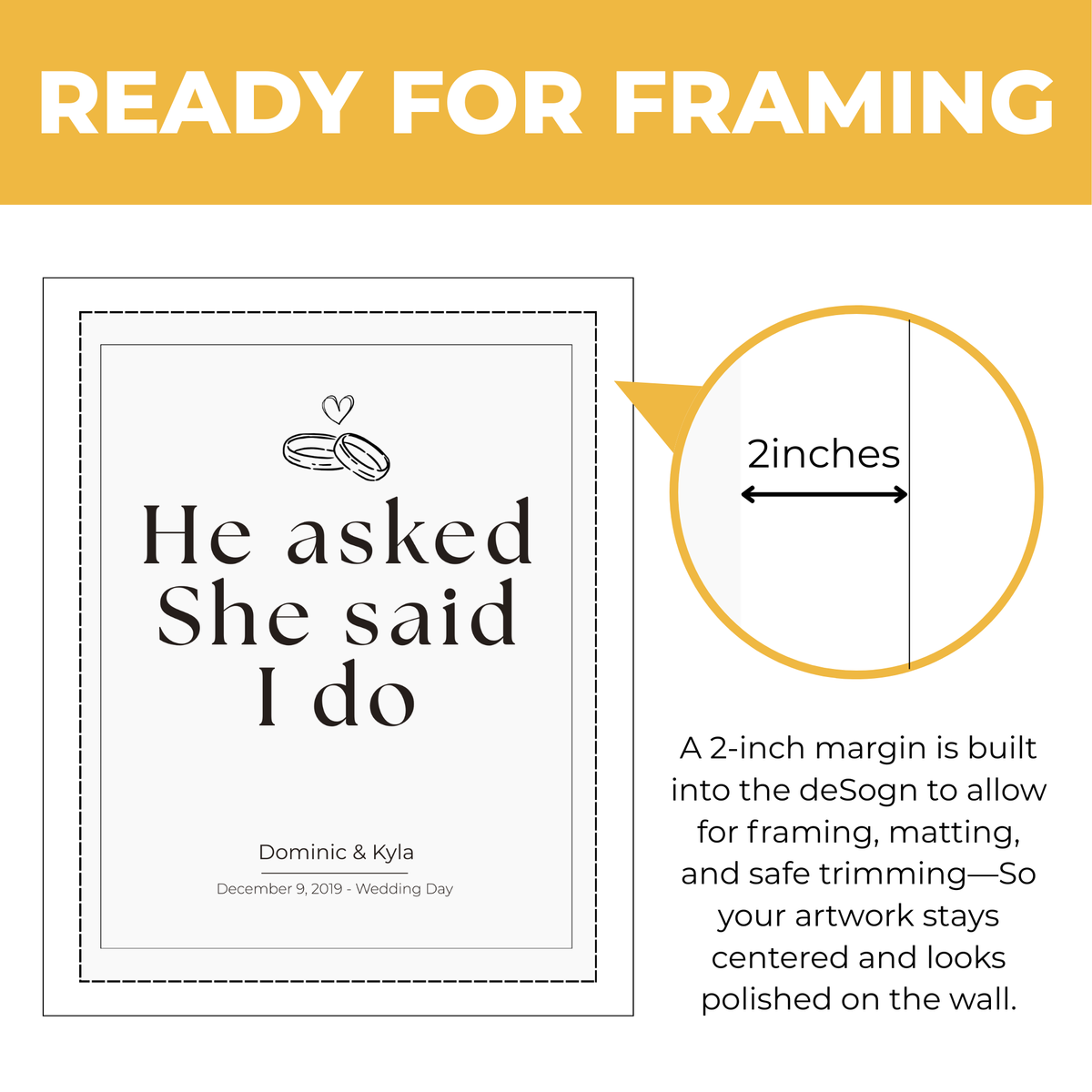 Personalized wedding quote print showing approximately 2-inch built-in framing margin