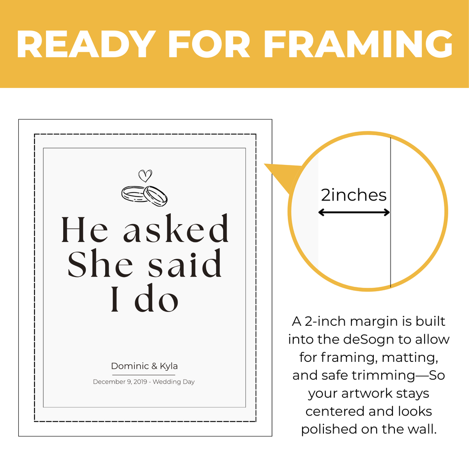 Personalized wedding quote print showing approximately 2-inch built-in framing margin