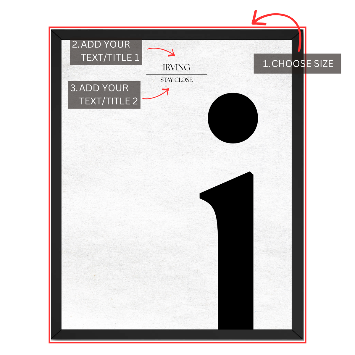 Personalized initial letter print guide showing where to choose size and add two custom text or title lines