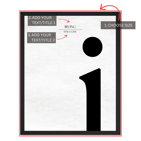 Personalized initial letter print guide showing where to choose size and add two custom text or title lines