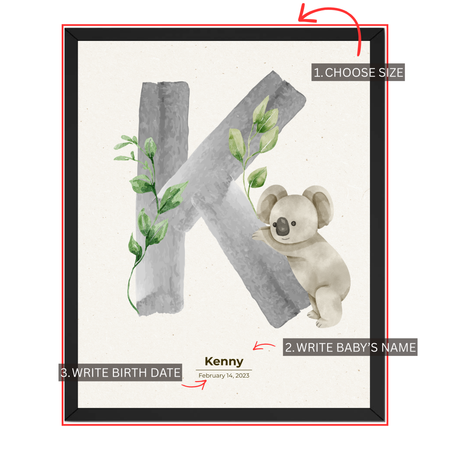 Personalized koala nursery print customization guide showing choose size add baby's name and enter birth date