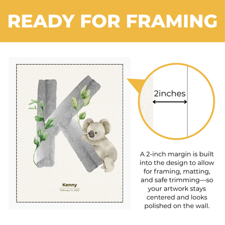 Personalized koala nursery print showing approximately 2 inch built-in margin for framing matting and safe trimming