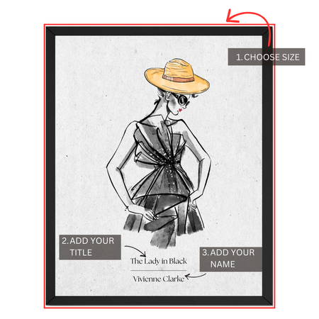 Lady In Black fashion print personalization guide showing size selection, custom title and custom name