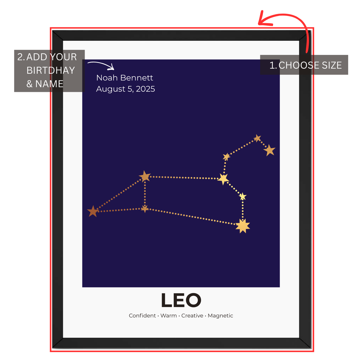 Leo constellation print personalization guide showing custom name and birth date