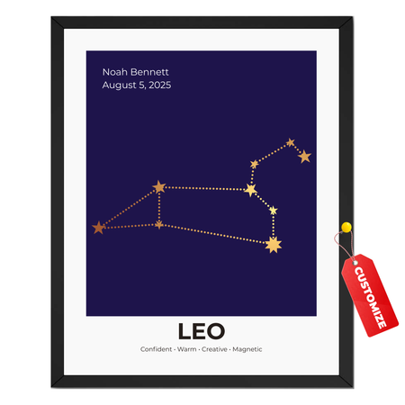 Personalized Leo constellation print with custom name, birth date and celestial zodiac artwork