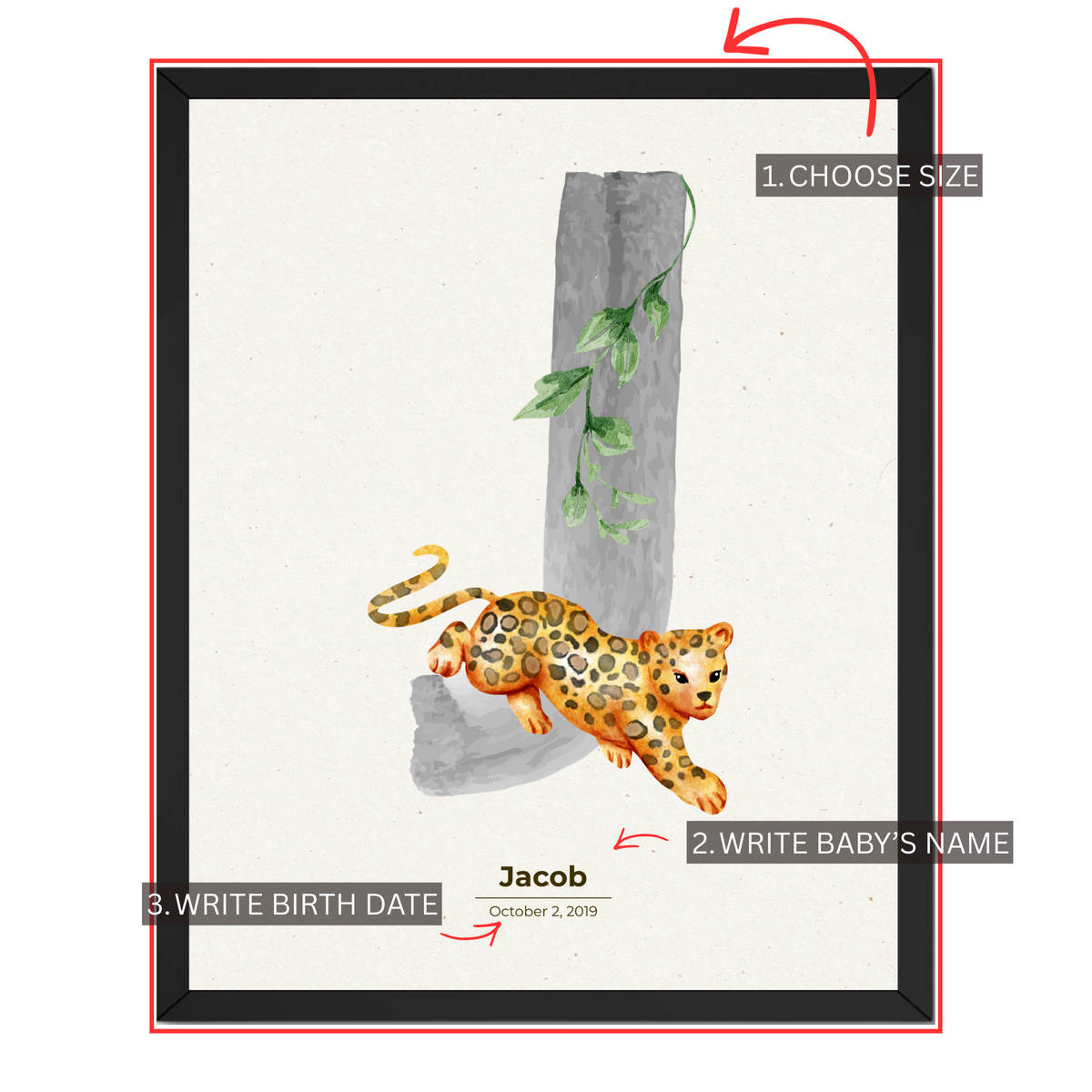 Personalized leopard nursery print customization guide showing choose size add baby's name and enter birth date