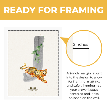 Personalized leopard nursery print showing approximately 2 inch built-in margin for framing matting and safe trimming