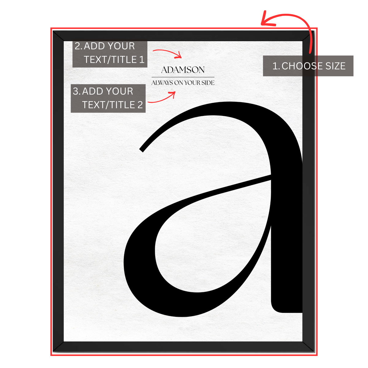 Personalized letter A monogram print guide showing where to choose size and add two custom text or title lines