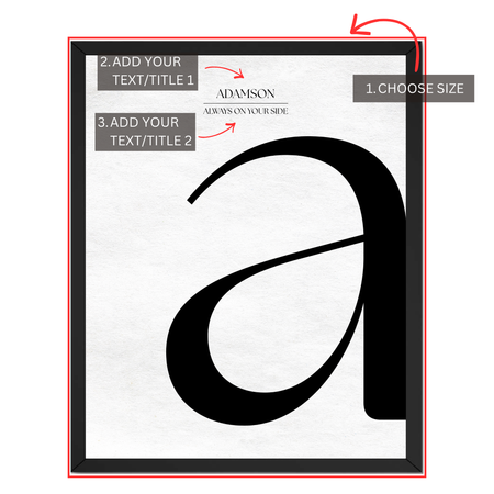 Personalized letter A monogram print guide showing where to choose size and add two custom text or title lines