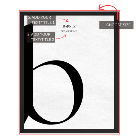 Personalized letter B monogram print guide showing where to choose size and add two custom text or title lines