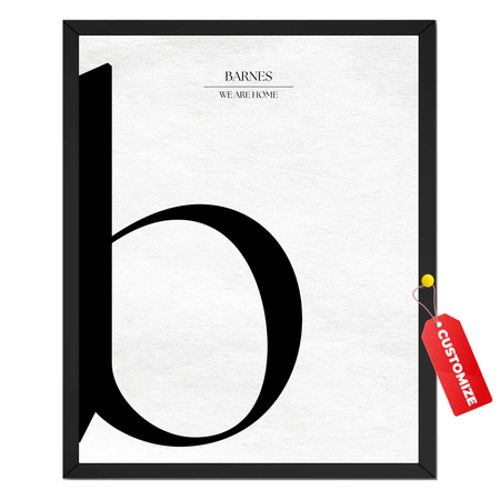 Personalized letter B monogram print with oversized black lowercase serif initial and two custom text lines