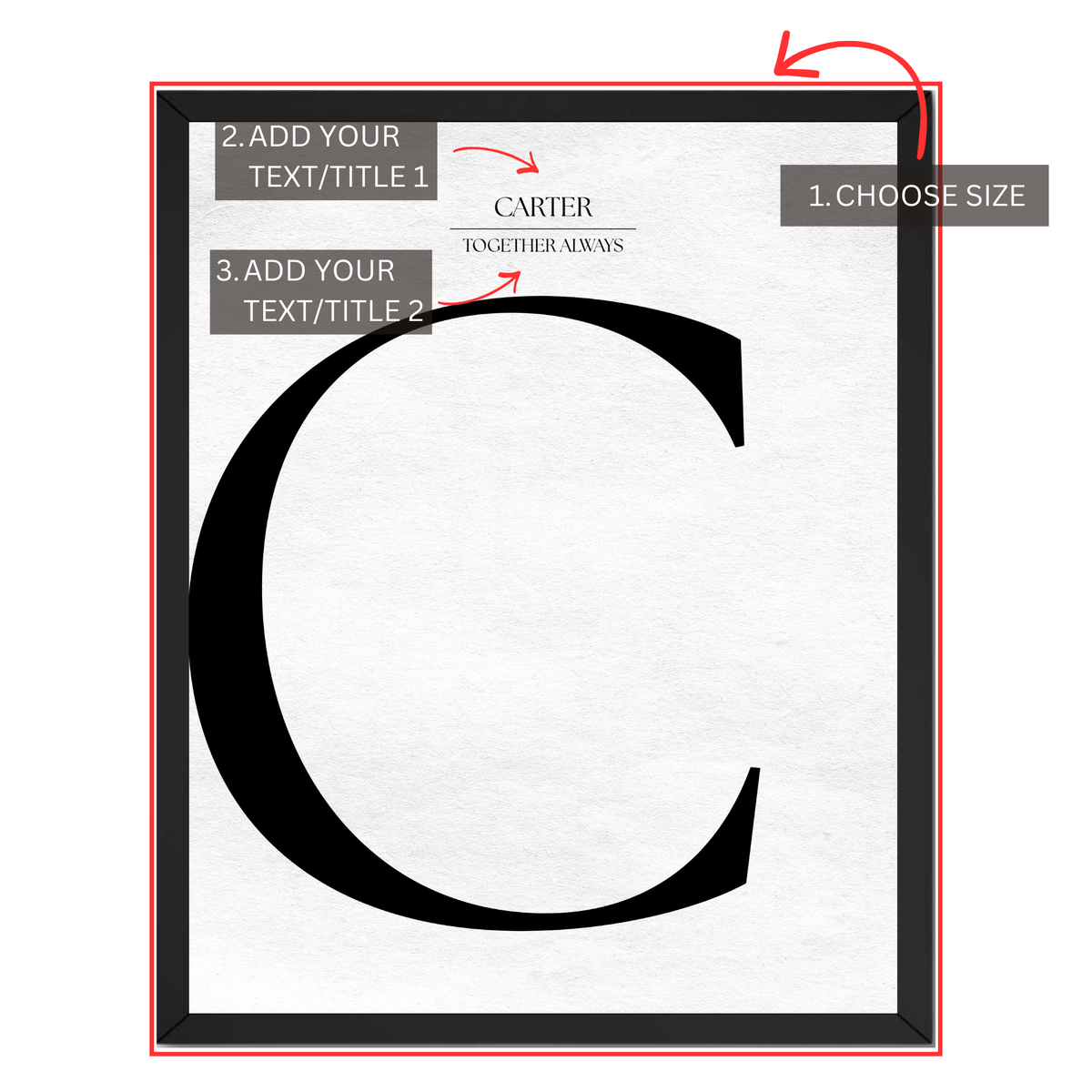 Personalized letter C monogram print guide showing where to choose size and add two custom text or title lines