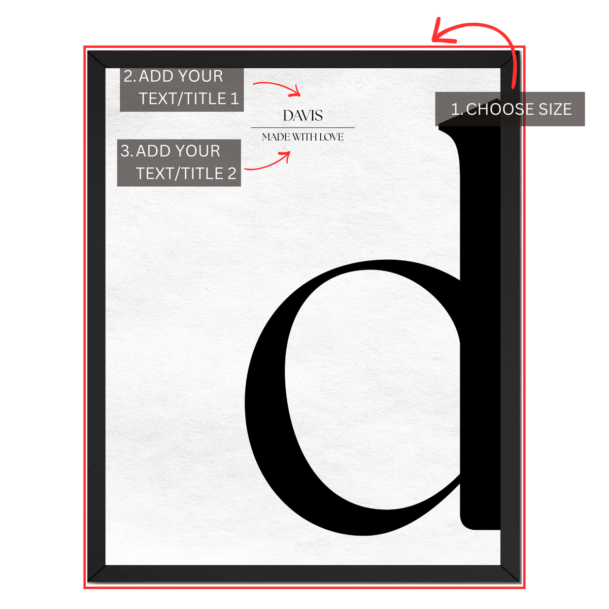 Personalized letter D monogram print guide showing where to choose size and add two custom text or title lines