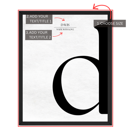 Personalized letter D monogram print guide showing where to choose size and add two custom text or title lines