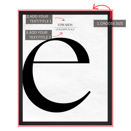 Personalized letter E monogram print guide showing where to choose size and add two custom text or title lines