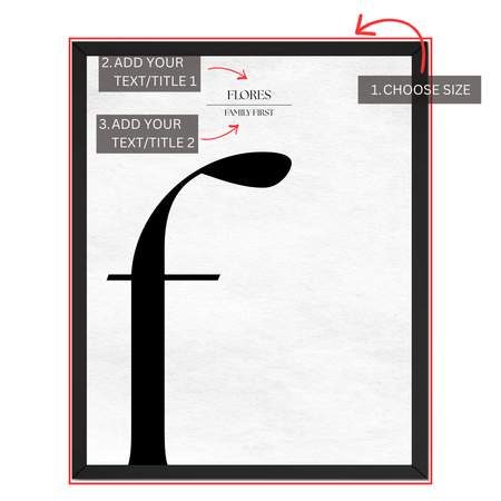 Personalized letter F monogram print guide showing where to choose size and add two custom text or title lines