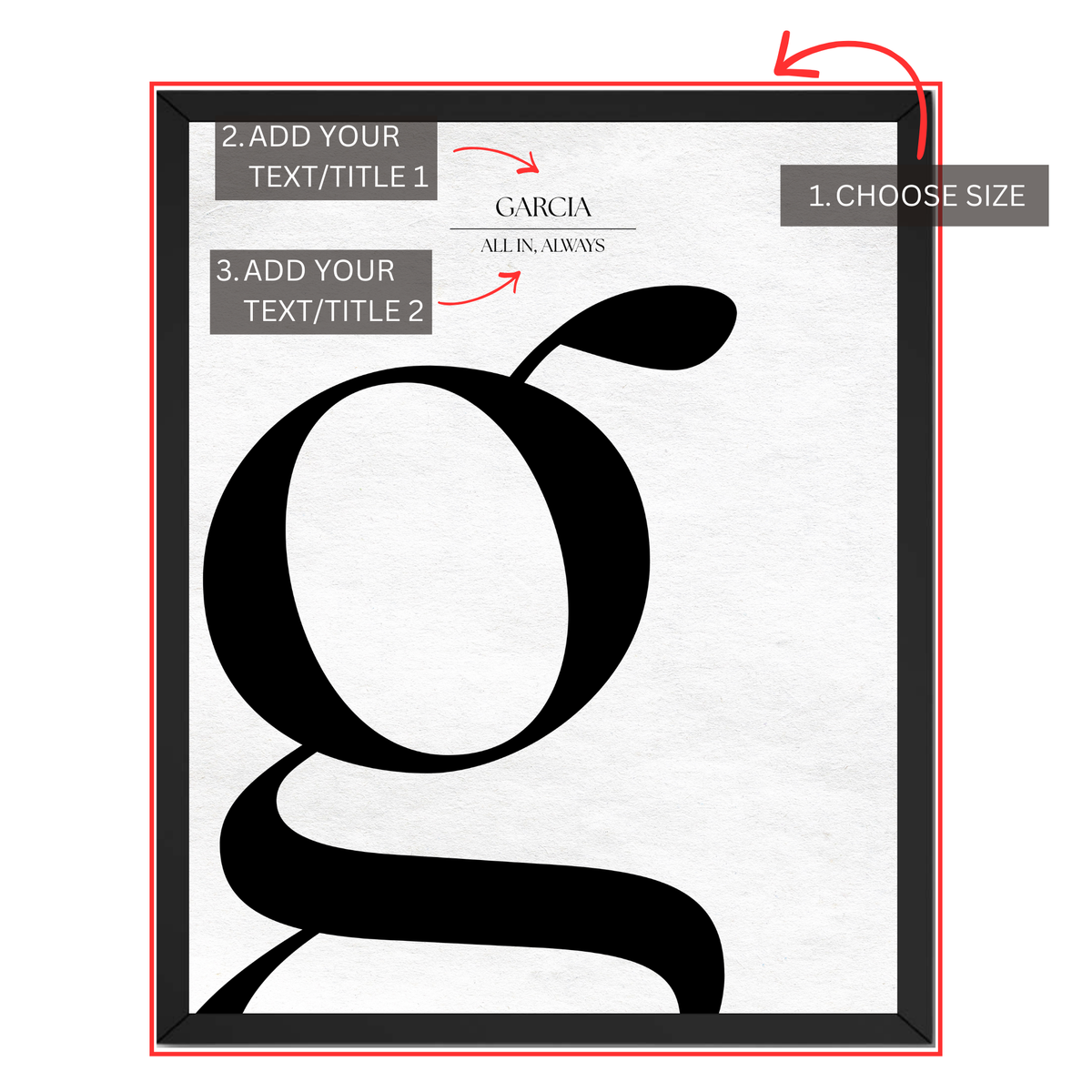 Personalized letter G monogram print guide showing where to choose size and add two custom text or title lines