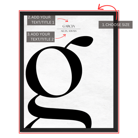Personalized letter G monogram print guide showing where to choose size and add two custom text or title lines