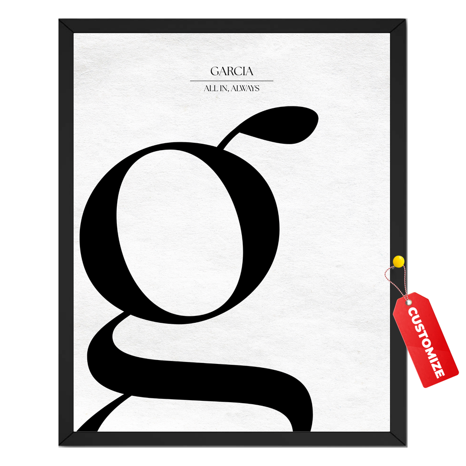 Personalized letter G monogram print with oversized black serif initial and two custom text lines