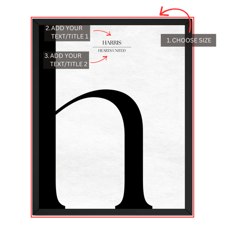 Personalized letter H monogram print guide showing where to choose size and add two custom text or title lines