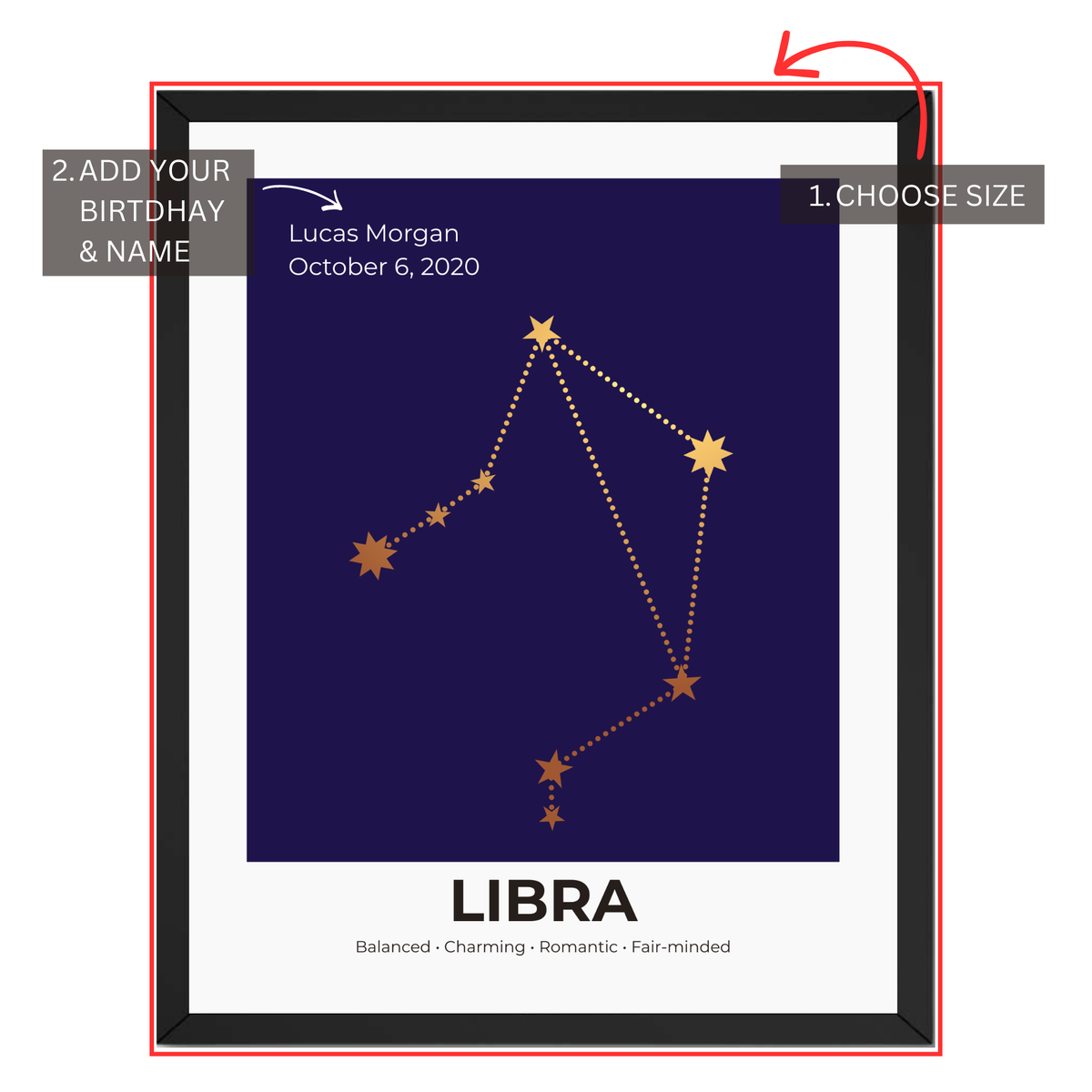 Libra constellation print personalization guide showing custom name and birth date