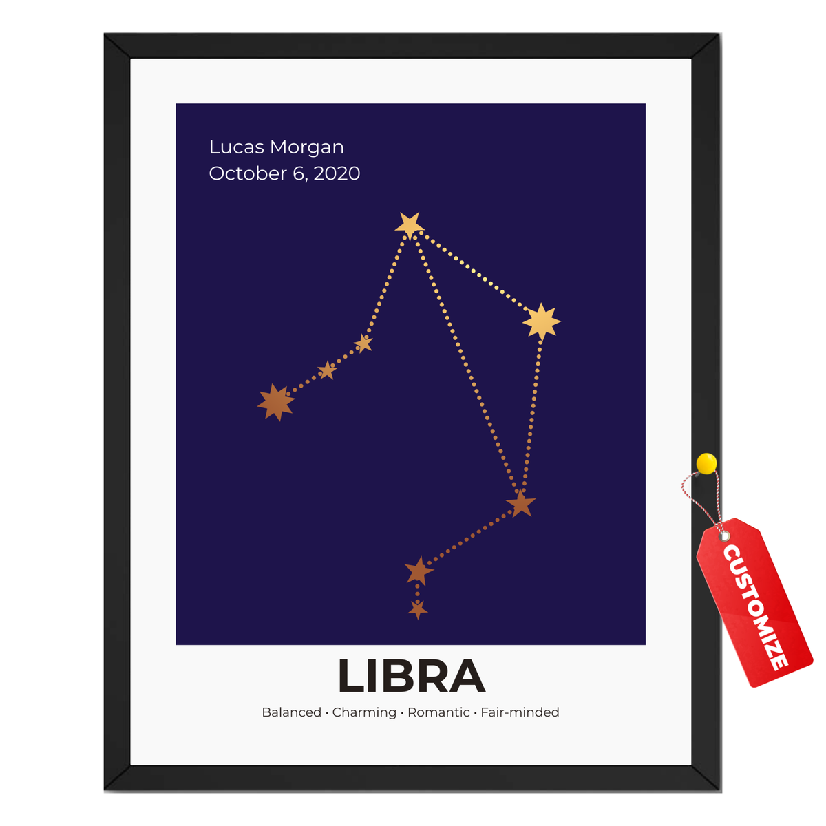 Personalized Libra constellation print with custom name, birth date and celestial zodiac artwork