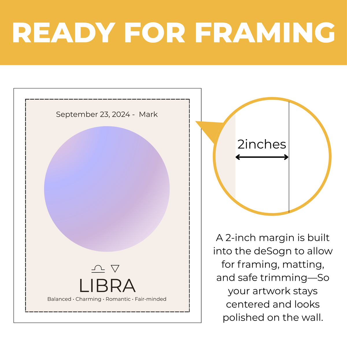 Personalized Libra zodiac print showing approximately 2-inch built-in margin for framing and matting