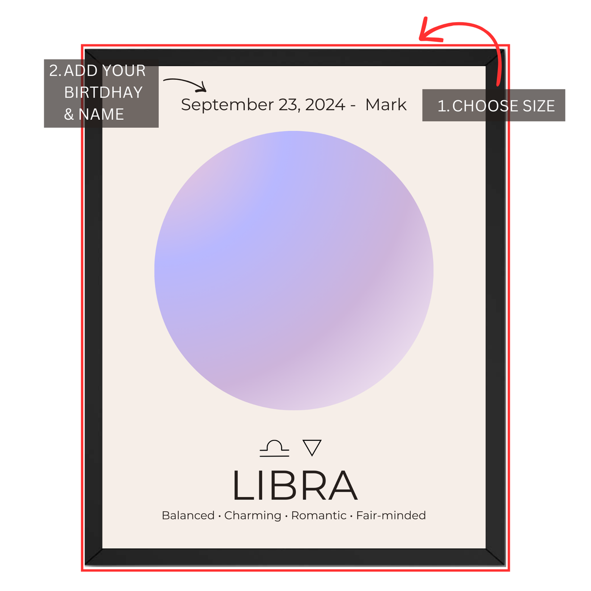 Libra zodiac print personalization guide showing custom birthday, name and size selection