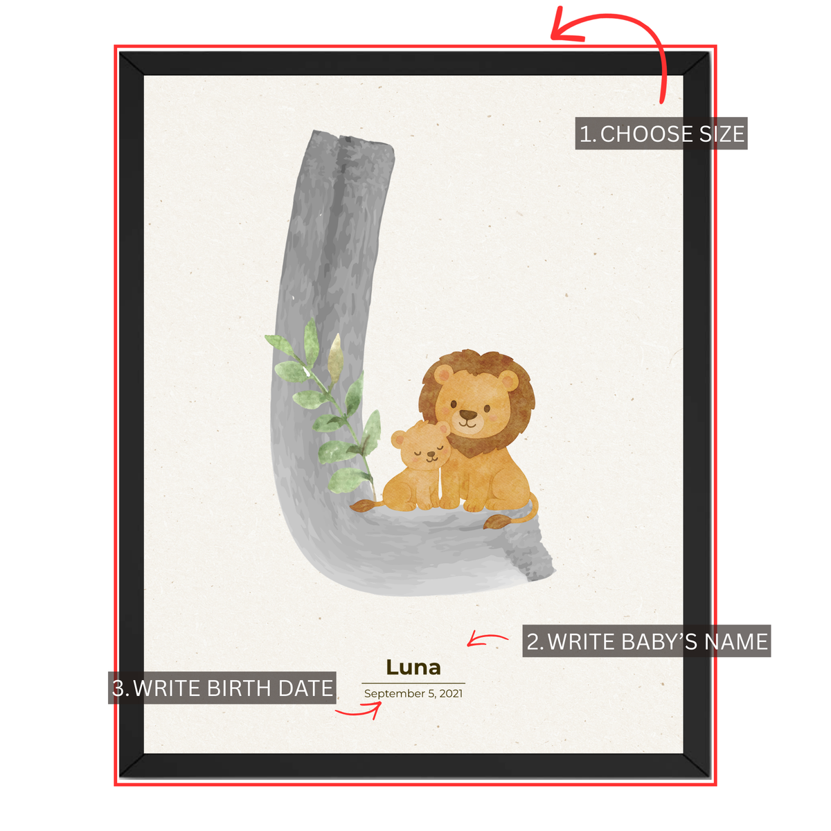 Personalized lion nursery print customization guide showing choose size add baby's name and enter birth date