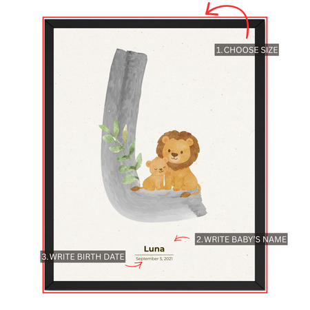 Personalized lion nursery print customization guide showing choose size add baby's name and enter birth date