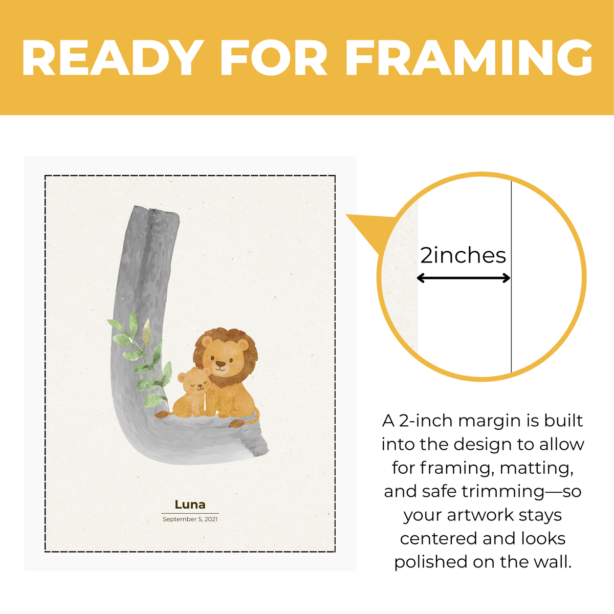 Personalized lion nursery print showing approximately 2 inch built-in margin for framing matting and safe trimming
