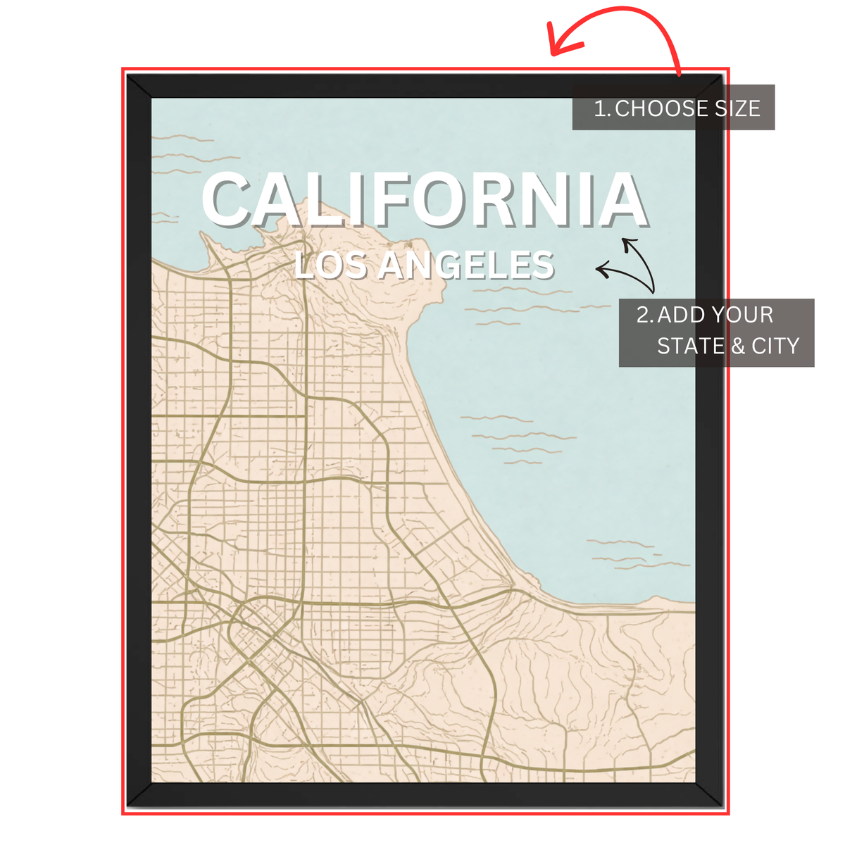 Personalized Los Angeles California map print with custom state and city in coastal pastel style