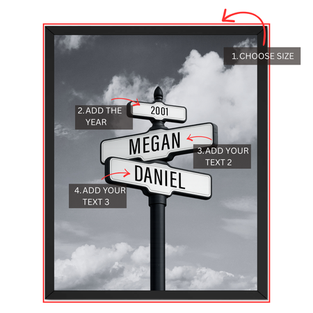 Personalized love street sign print guide showing where to choose size, add year and enter two custom names