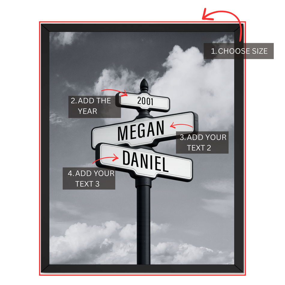 Personalized love street sign print guide showing where to choose size, add year and enter two custom names