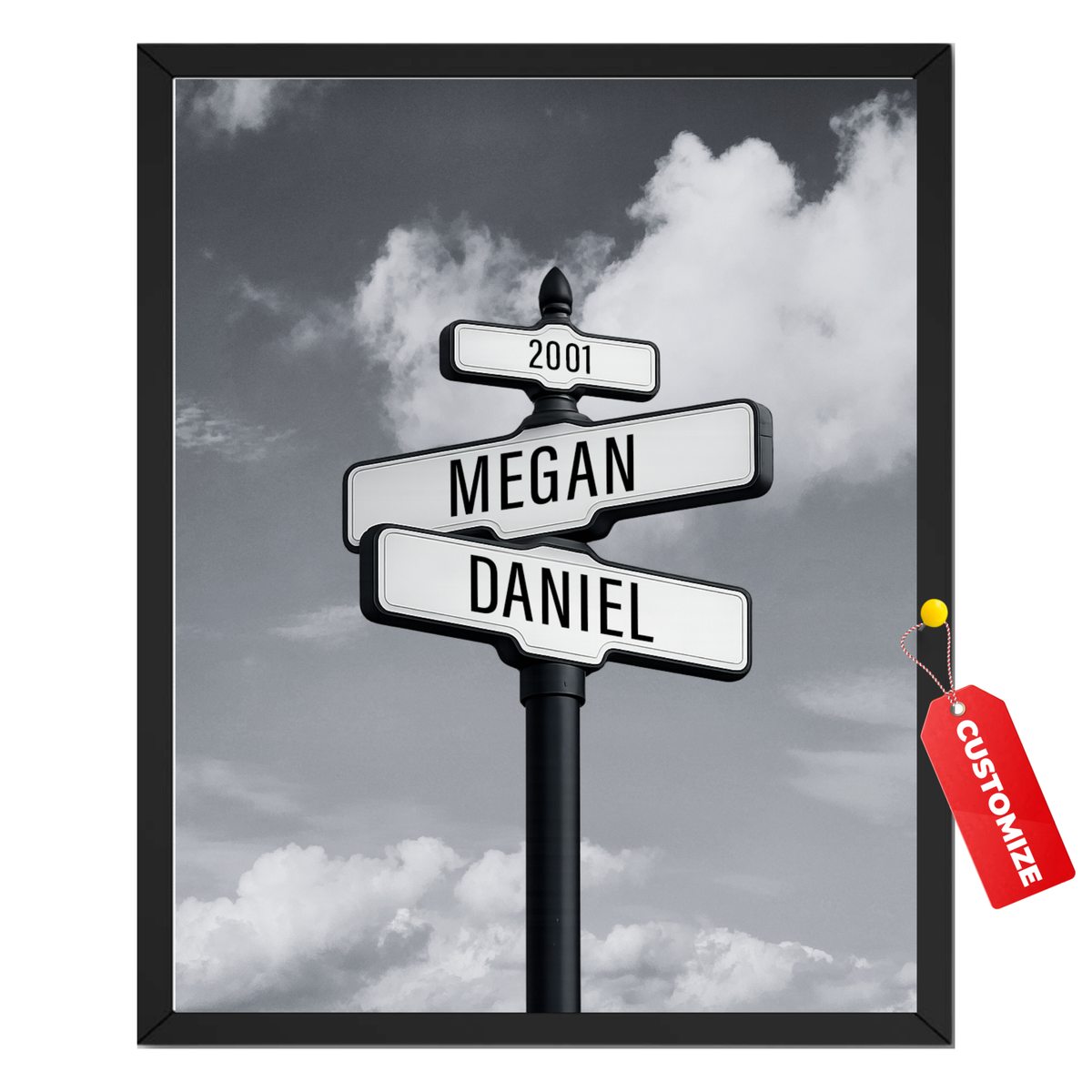 Personalized love street sign print with two custom names and meaningful year against a black-and-white sky