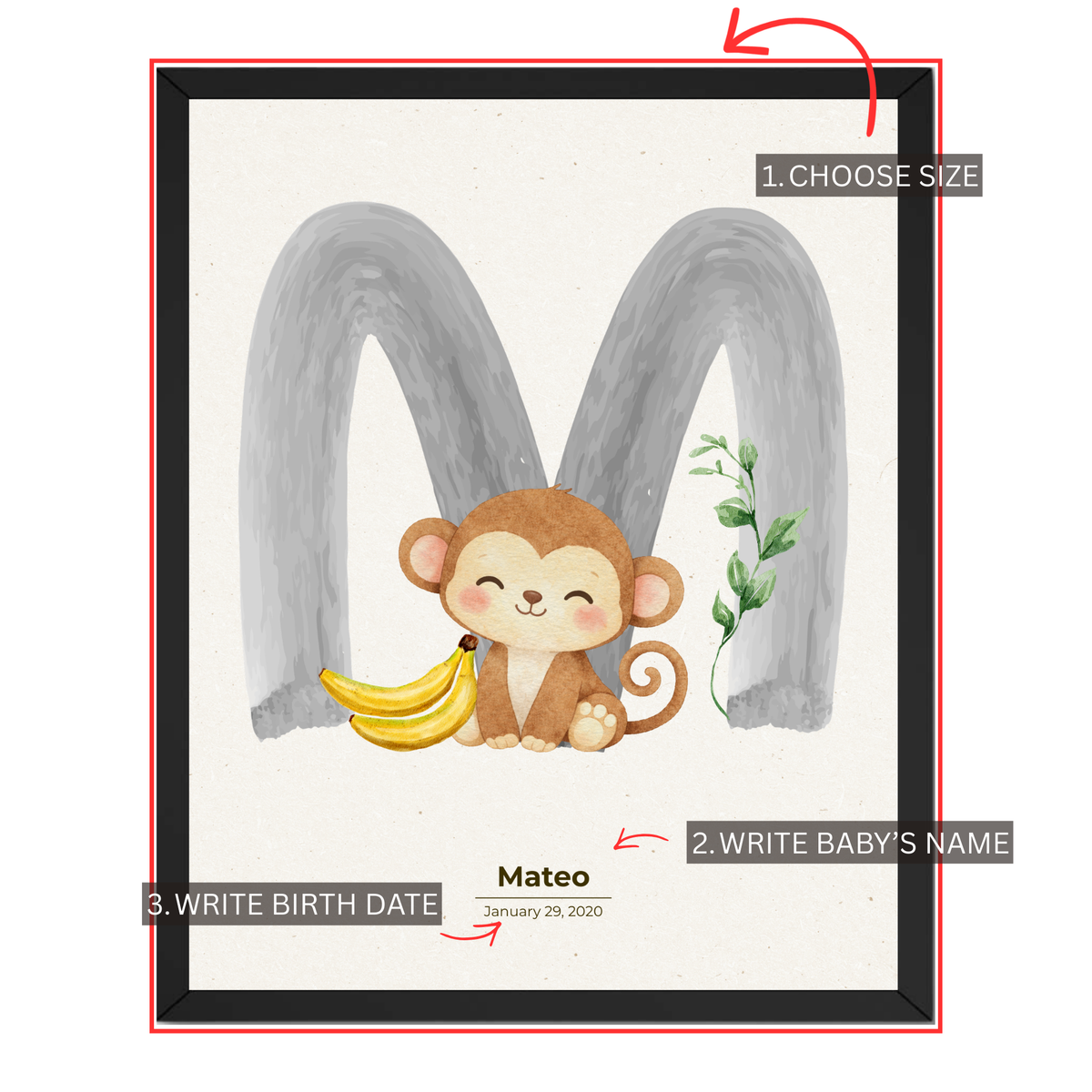 Personalized monkey nursery print customization guide showing choose size add baby's name and enter birth date