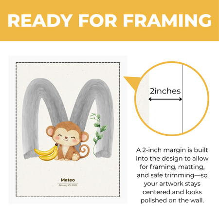 Personalized monkey nursery print showing approximately 2 inch built-in margin for framing matting and safe trimming