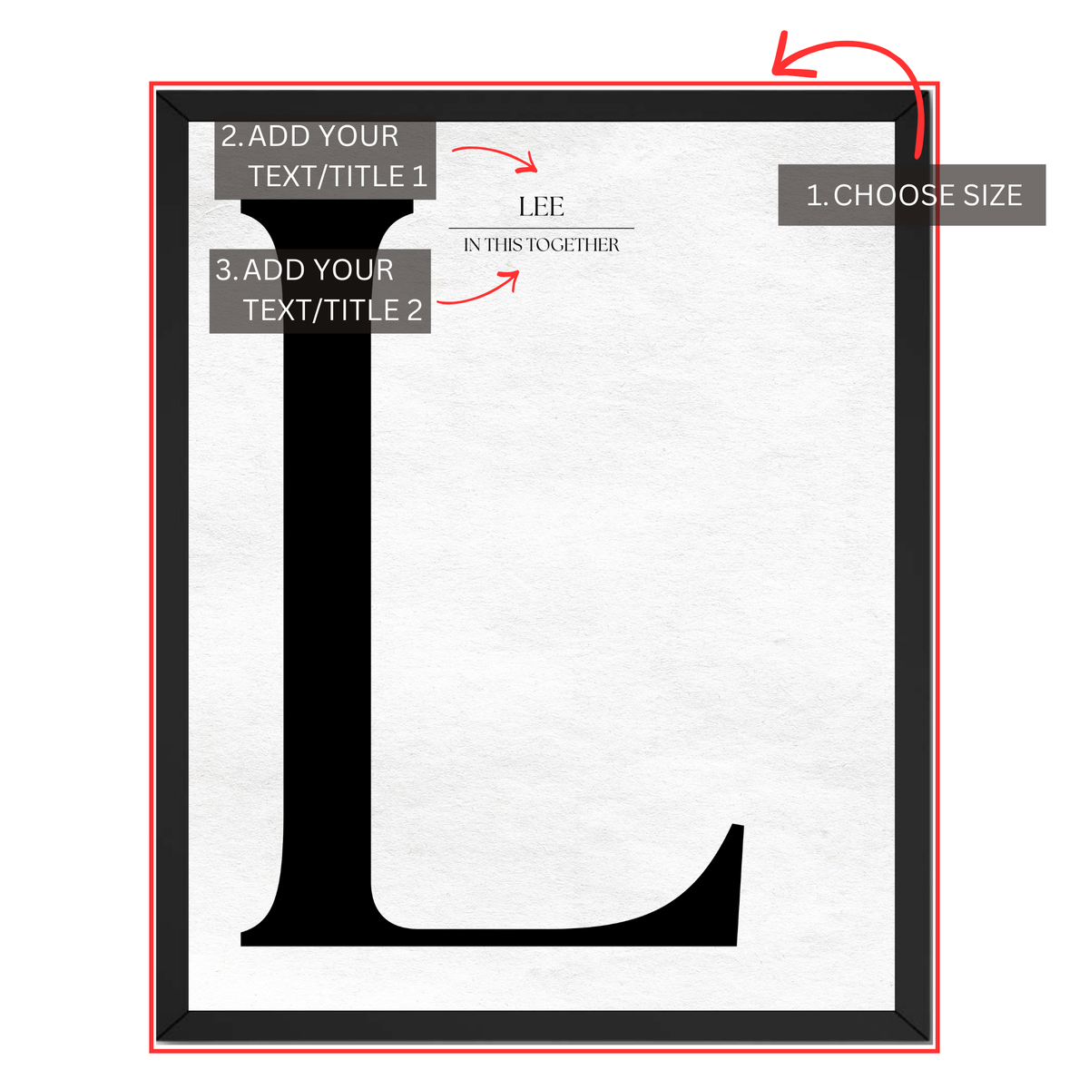 Personalized monogram letter print guide showing where to choose size and add two custom text lines