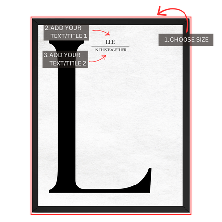 Personalized monogram letter print guide showing where to choose size and add two custom text lines